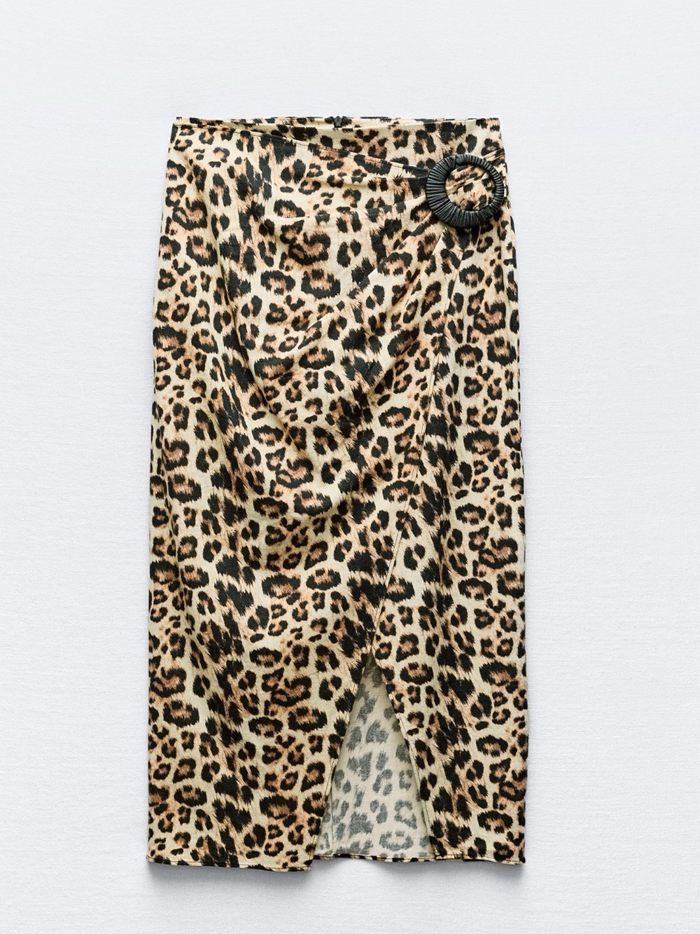 Zara Leopard-Print Wrap Midi Skirt in Brown and Cream with Buckle Accent